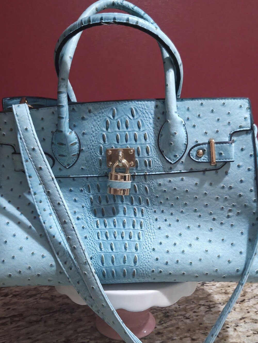 Light Blue Textured Top-Handle Satchel with Gold Hardware